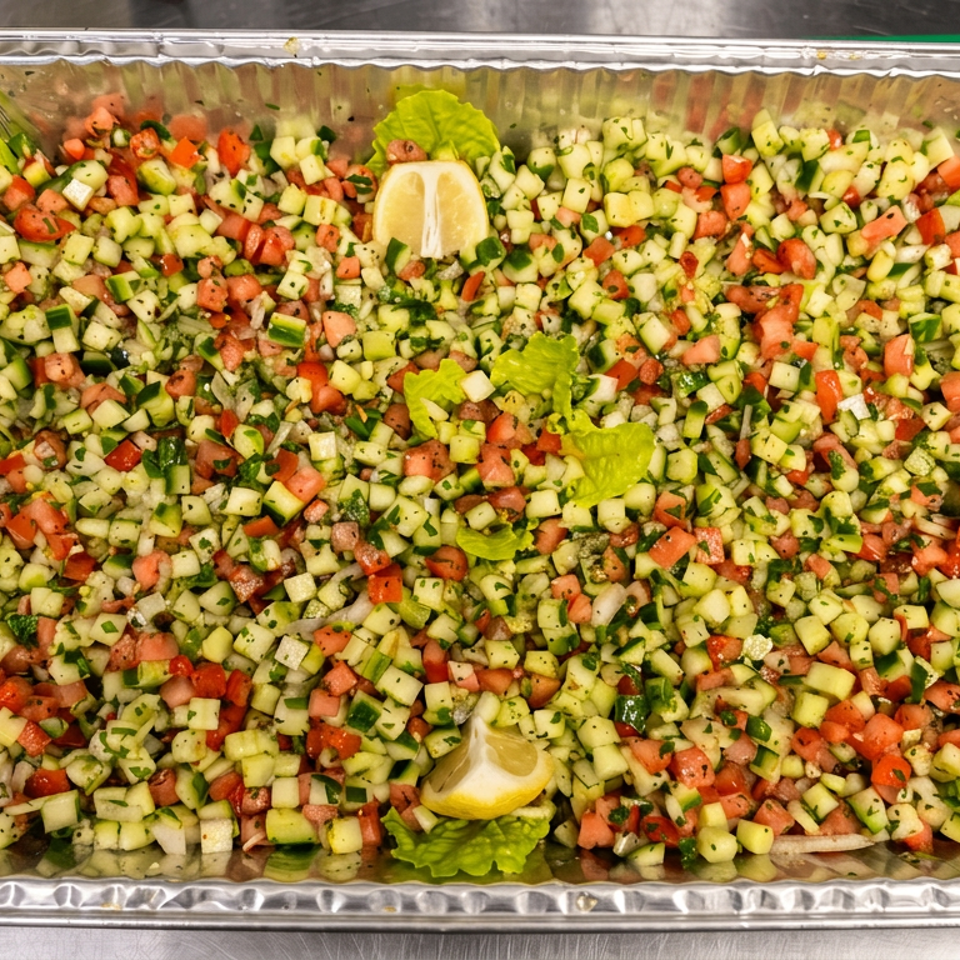 Rectangular catering tray filled with chopped cucumber and tomato salad, garnished with lettuce leaves and lemon wedges.