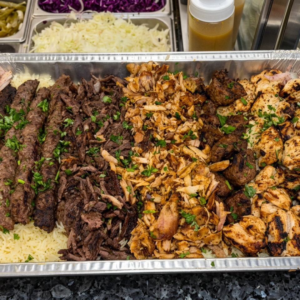 Large catering tray of grilled meats, chicken, rice, fried onions, parsley, and pickled onions beside restaurant toppings.