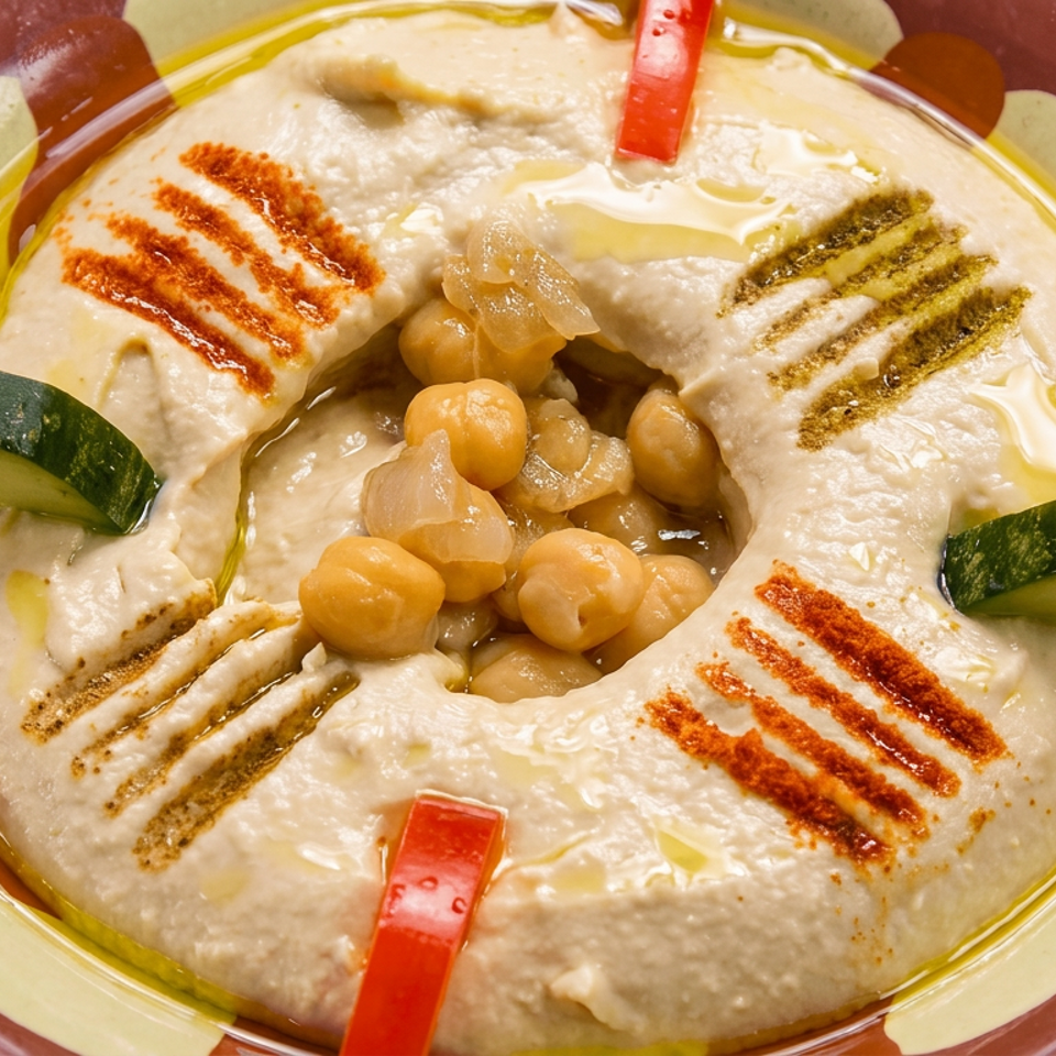 Hummus topped with chickpeas, onions, olive oil, grilled spice stripes, cucumbers, and red pepper in a decorative bowl.