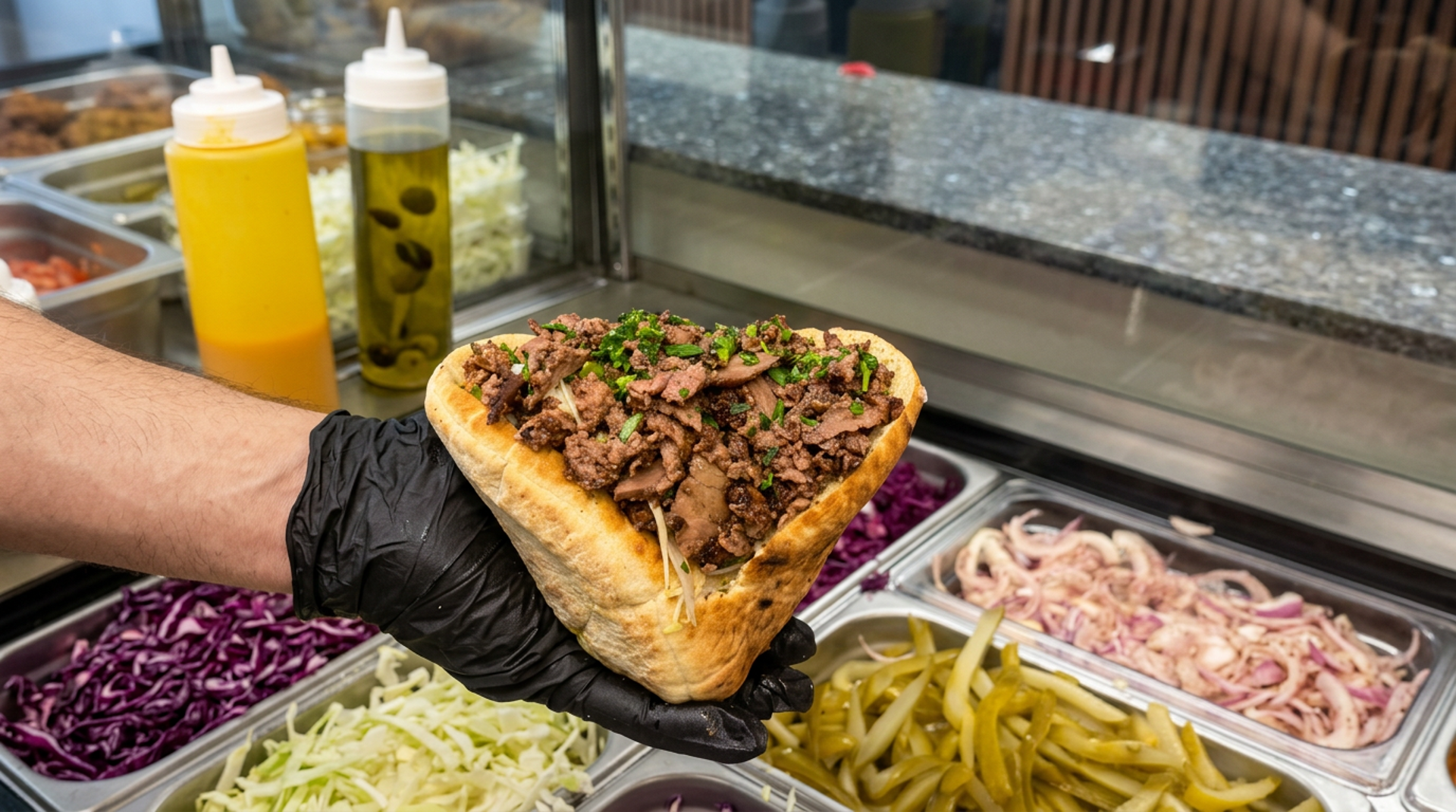 Shawarma, falafel, hummus