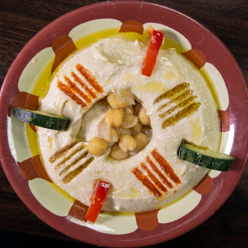 Overhead view of creamy hummus topped with chickpeas, olive oil, grilled vegetables, and colorful pepper strips on a decorative plate.