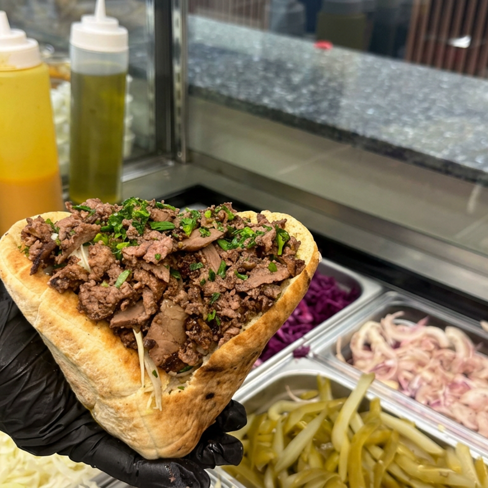 Gloved hand holds a pita stuffed with seasoned meat and herbs over trays of pickled vegetables and sauces.