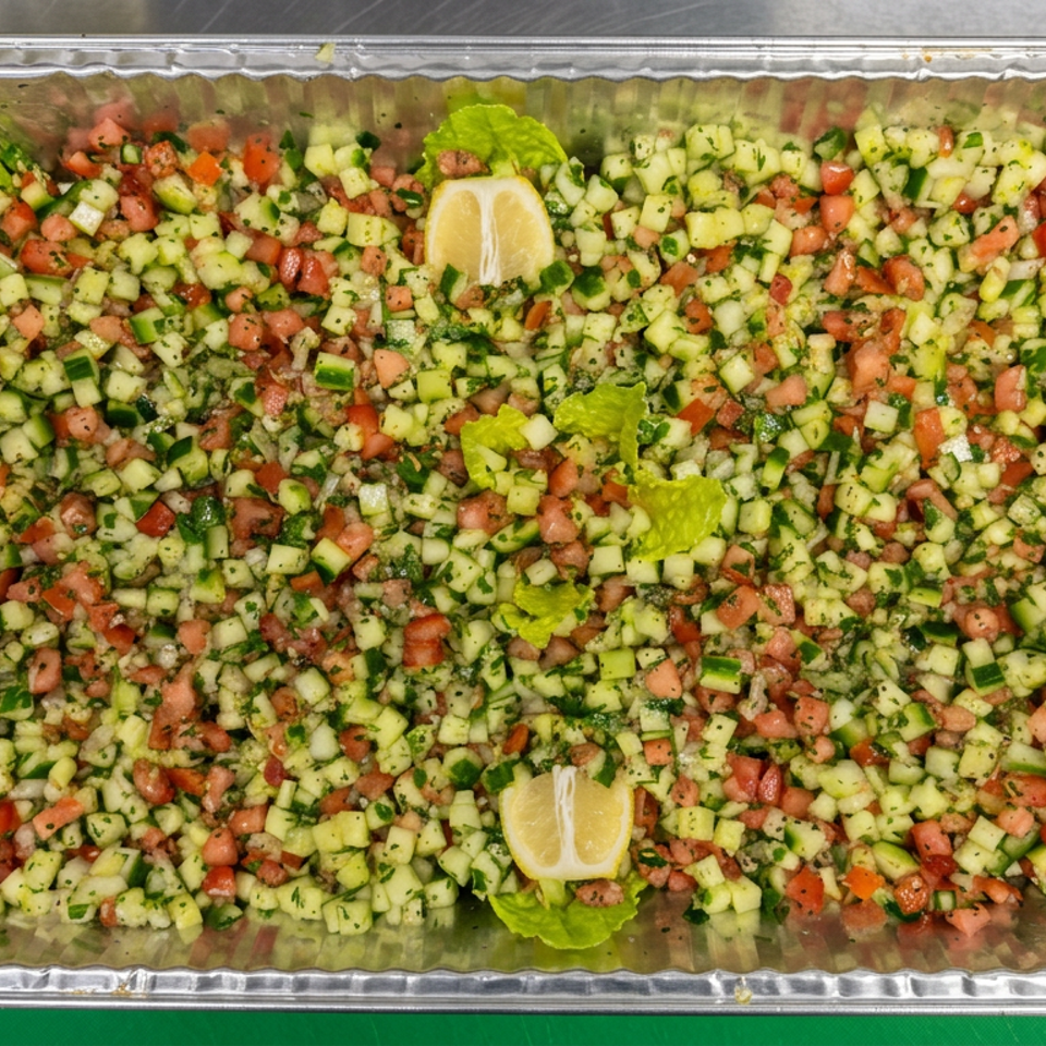 Aluminum tray filled with chopped cucumber, tomato, herbs, and lemon wedges on lettuce leaves.